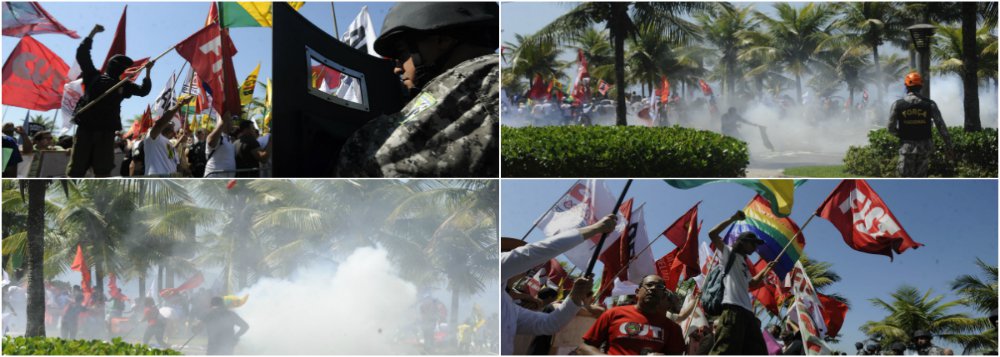 Agentes de segurança dispersam manifestantes contrários ao leilão do Campo de Libra; grupo derrubou grades do primeiro bloqueio montado pela Força Nacional para isolar a área do Hotel Windsor Barra, onde serão feitas as propostas pelas reservas de petróleo, na zona oeste do Rio; ao menos seis pessoas ficaram feridas com balas de borracha; bombas de efeito moral e gás lacrimogêneo também marcam conflito; na Praça do Ó, a dois quarteirões, manifestantes carregam bandeiras de partidos políticos, sindicatos e movimentos sociais; cerca de 1.100 homens fazem dois bloqueios entre o hotel e a praça