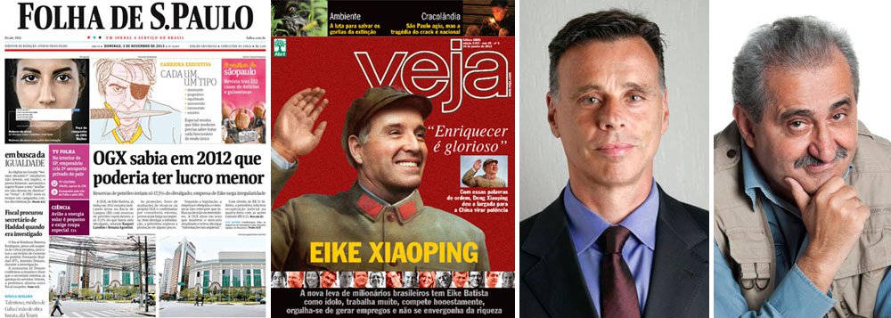 Manchete principal da Folha deste domingo revela que, em 2012, Eike Batista divulgava a seus acionistas que poderia retirar 1,8 bilhão de barris de seus poços de petróleo já ciente de que o volume máximo não seria superior a 315 milhões; naquele mesmo ano, dois jornalistas, os colunistas Lauro Jardim, de Veja, e Ancelmo Gois, do Globo, inflavam a fantasia; Lauro dizia até que o petróleo de Eike viria de águas rasas, sendo moleza para extrair; Ancelmo adulava o então bilionário, a quem chama de "Eike Sempre Ele Batista", todos os dias; também em 2012, Veja publicou a famosa capa "Eike Xiaoping", quando melhor seria Eike Xingling