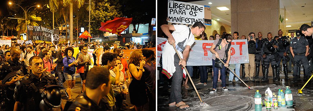 Um grupo de ativistas políticos promoveu uma lavagem simbólica da calçada em frente ao Tribunal de Justiça do Rio de Janeiro; eles protestam contra a prisão de manifestantes, acusados de participarem de atos violentos e indiciados pela Polícia Civil por associação criminosa; os ativistas usaram água sanitária e desinfetante, em alusão à prisão do morador de rua Rafael Braga, acusado de estar portando um coquetel-molotov durante protesto de rua; porém, há informações que ele estava carregando produtos de limpeza