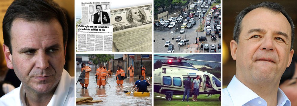 Alagamentos deixam mais de 4 mil famílias desalojas; autoridades pedem para a população permanecer em casa para evitar sobrecarregamento do transporte público; governo federal envia reforço para impedir novos saques a motoristas ilhados; aulas foram suspensas; cenário de caos generalizado evidencia despreparo do Rio de Janeiro para lidar com os constantes alagamentos; crise chega num péssimo momento para o governador Sérgio Cabral e o prefeito Eduardo Paes; dias atrás, Cabral anunciou que voltaria a viajar para a casa da praia com helicóptero do governo por "razões de segurança"; Paes também pode ser atingido por investigações sobre as offshores da família de US$ 8 milhões, criadas no Panamá no ano que se elegeu prefeito pela primeira vez
