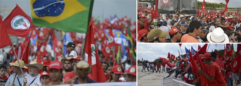 Cerca de 20 mil militantes tomaram a Esplanada dos Ministérios e a frente do Supremo Tribunal Federal, que chegou a suspender por uma hora sessão do dia; sem-terra derrubaram grades e se espalharam na Praça dos Três Poderes com faixas e cartazes pedindo a reforma agrária; grupo se concentra agora em frente ao Congresso; houve confronto com a polícia, que explodiu bombas de efeito moral; há feridos dos dois lados; ministro Gilberto Carvalho conversou com manifestantes; abertura do 6º Congresso Nacional, que lembra os 30 anos do movimento, foi marcada na segunda-feira por críticas ao governo Dilma Rousseff; presidente receberá alguns deles amanhã