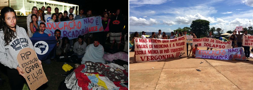 Cerca de 33 jovens armaram barracas no gramado próximo à avenida que separa o Congresso Nacional do palácio e protestavam contra o MEC e o Grupo Galileo, que administra a universidade, recentemente descredenciada; eles querem falar com a presidente Dilma Rousseff 