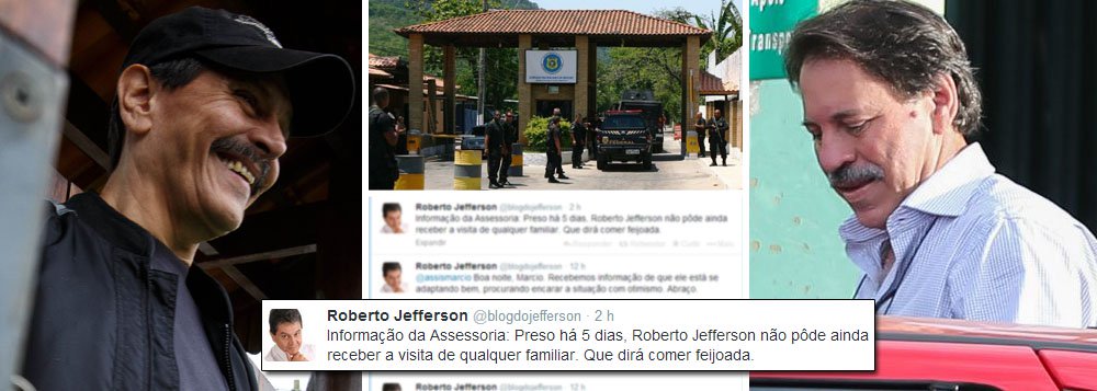 Assessoria de imprensa do ex-deputado publicou hoje em sua conta no Twitter que "preso há 5 dias, Roberto Jefferson não pôde ainda receber a visita de qualquer familiar. Que dirá comer feijoada"; apesar da ironia à denúncia de que o ex-tesoureiro do PT Delúbio Soares tem direito a feijoada aos finais de semana na Papuda, o fato é que Jefferson tem, sim, regalias; preso 100 dias depois que outros condenados, ele foi levado a uma penitenciária no mesmo estado onde mora, sem grandes exposições, como as do feriado de 15 de novembro, com direito a cela individual e ainda a "dieta alternativa" na cadeia