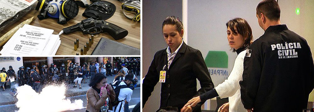 Ativista Elisa Quadros Sanzi, a Sininho, é apontada como a chefe do grupo suspeito de envolvimento em atos violentos durante protestos no Rio de Janeiro; polícia do Rio prendeu 17 pessoas em ação em que recolheu máscaras, armas de choque, um revólver, artefatos explosivos, sinalizadores, drogas, computadores e aparelhos celulares