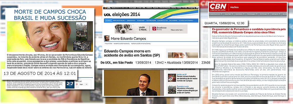 Eram 12h01 desta quarta-feira, quando o 247 cravou, em sua manchete, que Eduardo Campos estava no fatídico voo do Rio de Janeiro ao Guarujá; diversos veículos relutaram em confirmar a informação, o que só foi feito pela CBN, da Globo, às 12h30, e pelo portal Uol, do grupo Folha, às 12h42; notícia foi recebida pelo diretor de redação Marco Damiani e confirmada antes pelo editor em Recife, Paulo Emílio; antes, queda do avião havia sido relatada pelo colunista Lula Miranda