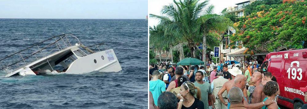 Barca tinha 35 turistas a bordo e todos foram resgatados, com coletes salva-vidas; uma mulher de 86 anos foi internada com hipotermia; catamarã que adernou pertence à empresa Tour Shop