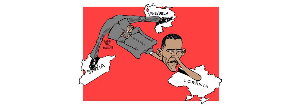 Na charge de Carlos Latuff, a interferência do presidente dos Estados Unidos em todas as situações de conflito fora de seu país, seja na Venezuela, na Síria ou na Ucrânia