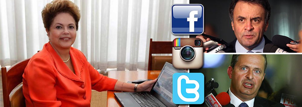 Segundo relatório da empresa de monitoramento R18, em julho, a presidente Dilma Rousseff foi mencionada 1,19 milhão de vezes no Facebook, no Twitter e no Instagram - aumento de 13% em comparação a junho; desempenho representa mais do que o dobro das citações envolvendo os presidenciáveis Aécio Neves e Eduardo Campos juntos; o tucano teve 360 mil referências, 88% a mais que no mês anterior, e o socialista foi citado 130 mil vezes, 165% a mais no mesmo período