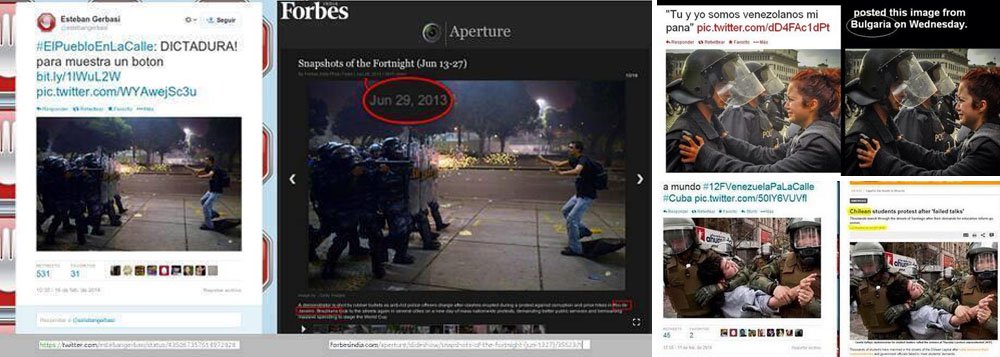 Desde quarta-feira 12, quando uma marcha opositora culminou em violência no centro de Caracas, diversas montagens e imagens falsas contra Maduro e o governo foram disseminadas, inclusive por jornalistas de redes como a CNN; na imagem acima, uma foto tirada no Brasil em junho de 2013 foi retratada como sendo na Venezuela