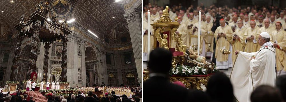Francisco celebrou uma solene Missa de véspera de Natal para cerca de 10 mil pessoas na basílica de São Pedro; ao lado de mais de 300 cardeais, bispos e padres, ele pediu para que as pessoas não tenham medo de chegar a Deus
