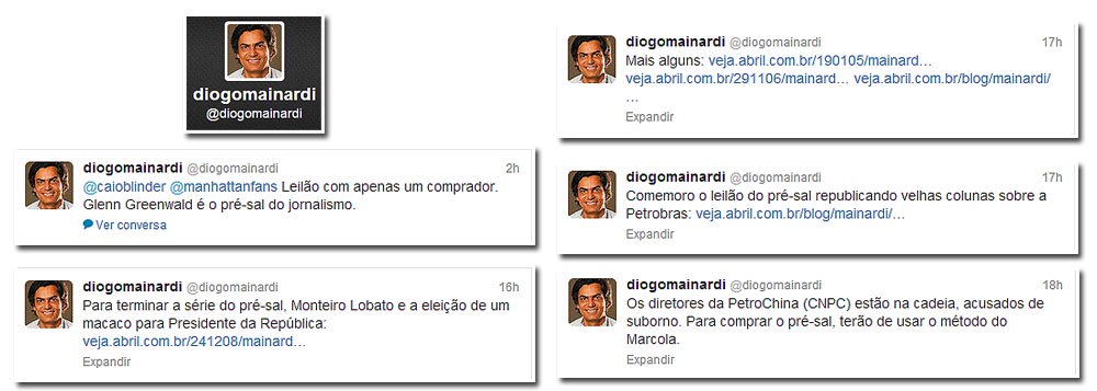 Ex-colunista de Veja, Diogo Mainardi deu o ar da graça no Twitter, logo após o leilão do pré-sal. "Os diretores da PetroChina (CNPC) estão na cadeia, acusados de suborno. Para comprar o pré-sal, terão de usar o método do Marcola", disse ele, numa de suas postagens