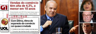 Não há dúvida que, para a mídia familiar, taça se esvazia a cada minuto; crescimento de 4,3% na atividade comercial em 2013 teve comparação instantânea com 2012, de 8,5%; "apesar de positivo", ressalvou G1, número divulgado nesta quinta-feira 13 pelo IBGE é o pior desde 2003 (- 3,7%); portal da família Frias vê igual; pelo lado meio cheio, resultado foi mais do que o dobro do PIB do ano passado e alcançado em meio a crise internacional; empresária Maria Luíza Trajano, do Magazine Luíza, professor Delfim Netto e Benjamin Steibruch, da CSN, combatem pessimismo da mídia; política econômica do ministro Guido Mantega, da Fazenda, se espreme entre essas duas visões; qual é a sua?