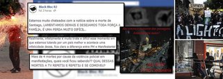 Página Black Bloc RJ no Facebook publica escárnio de gangue organizada; lamenta-se, como todo o desplante, a morte do cinegrafista Santiago Andrade, vítima fatal de ação violenta, baderneira e despolitizada dos mascarados de preto; post deseja "toda força à família" do cinegrafista, mas lembra de mortes ocorridas por conta da "violência policial" que não são noticiadas; com prática de direita e discurso moderninho, a quem esses lúmpens servem? à democracia é que não