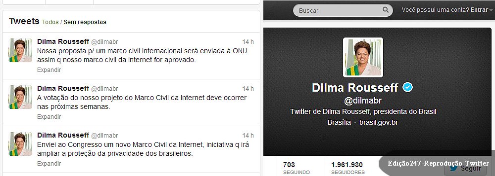 Presidente diz em sua conta no Twitter que a votação do projeto pelo Congresso deverá acontecer nas próximas semanas e que irá pautar proposta do Brasil na ONU; “Denunciei o caso na ONU em defesa dos direitos humanos e de nossa soberania. Exigimos explicações e mudanças de comportamento por parte dos americanos”, escreveu