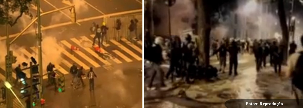 Confusão começou após marcha dos professores, na Avenida Rio Branco; encapuzados iniciaram ação contra policiais lançando rojões; mais cedo, manifestantes gritavam palavras de ordem contra o governador Sérgio Cabral e o prefeito Eduardo Paes e criticavam a Polícia Militar