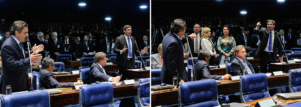 Presidenciável Aécio Neves (PSDB-MG) defendeu em seu discurso a prorrogação das discussões sobre o Marco Civil da Internet no Senado e acusou o senador do PT Lindbergh Farias de "apequenar" as discussões sobre o tema; petista rebateu que o PSDB dava um "tiro no pé", porque pretendia atrasar a votação do projeto, que contava com mais de 350 mil assinaturas em favor de brevidade da votação