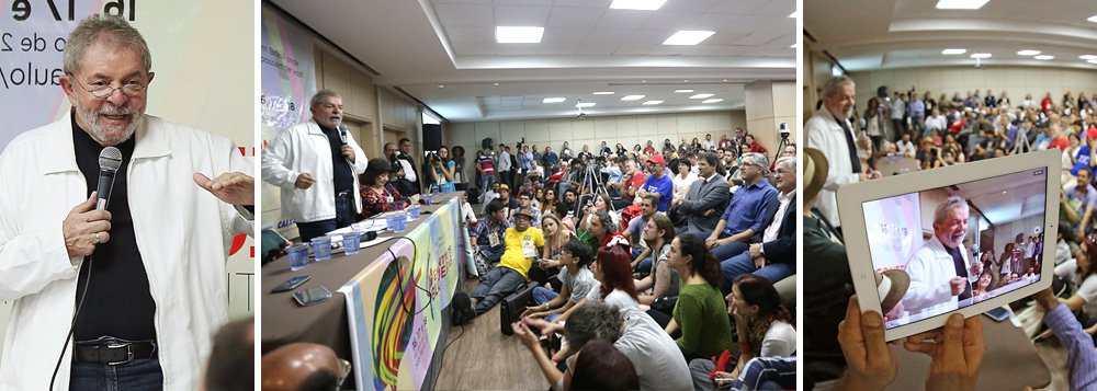 Ex-presidente pede à militância para "enfrentar o debate sobre tudo, inclusive a corrupção"; ele procura acordar o partido para a campanha eleitoral e, ainda, animar uma renovação interna; "Ao invés de negar a política, faça política. É o Lula que não presta? Tira o Lula, tente você", incentivou; ao hastear uma bandeira objetiva, cravou que a regulação da mídia é "imperiosa"; essas frases dirigidas aos blogueiros, na sexta-feira 16, não renderam destaque em primeira página no pool da cobertura da mídia tradicional, que preferiu ficar na "babaquice" de se chegar de metrô num estádio de futebol; isso foi o menos importante que Lula disse; o que vale são as brigas que ele está comprando