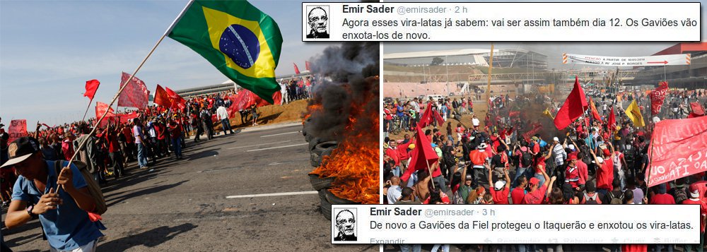 Sociólogo Emir Sader, ligado ao PT, é chamado de "intelectual vira-lata" na página do MTST, por ter dito, no Twitter, que a torcida do Corinthians iria enxotar manifestantes contra a realização da Copa de 2014 no jogo que marca a estreia do Itaquerão neste domingo; "Dessa vez Emir Sader desceu de seu pedestal de intelectual governista para demonstrar que não passa de um intelectual vencido pelo tempo, descontextualizado das ruas e acrítico ao governo", diz a nota do MTST