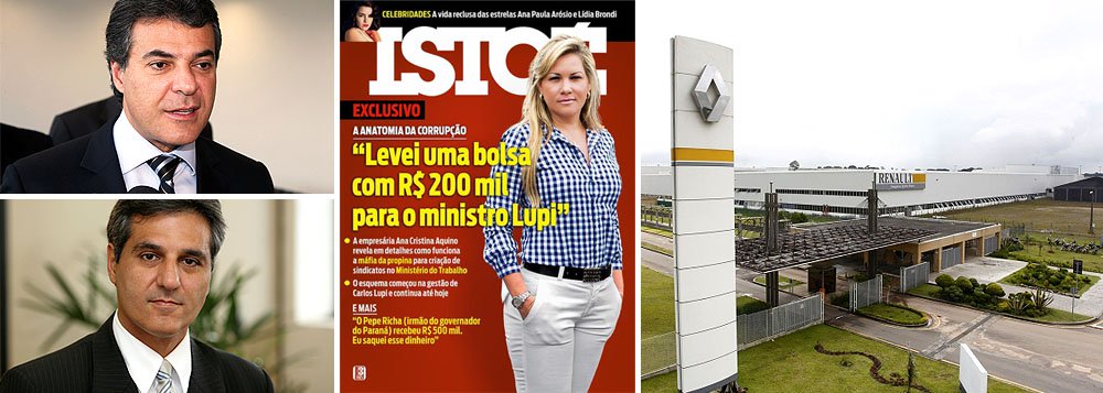 Secretário de Logística do Paraná e irmão do governador tucano Beto Richa, Pepe Richa é acusado pela empresária Ana Aquino, de ter recebido meio milhão de reais para facilitar entrada da empresa dela no Estado, através de um negócio milionário com a montadora Renault do Brasil; negócio não deu certo, mas ela garante que dinheiro foi pago ao irmão de Richa; empresária é personagem da semana da capa da revista Istoé; além da denúncia contra a cúpula do governo paranaense, ela também diz ter pago propina a Carlos Lupi