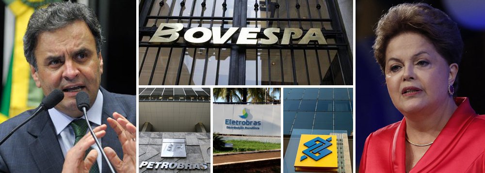 Oposição comemora combinação de queda da presidente na pesquisa CNI/Ibope e alta de estatais na Bolsa de Valores de São Paulo; presidenciável do PSDB sobe à tribuna do Senado para sublinhar causa e efeito; "bastou uma pesquisa de opinião acenar para uma diminuição de popularidade da presidente da República que hoje as ações da Eletrobras estão subindo 9% e da Petrobras, 6,8%", disse Aécio Neves (PSDB-MG); queda na avaliação do governo Dilma mudou tendência do Ibovespa, com disparada de Petrobras, Eletrobras e Banco do Brasil