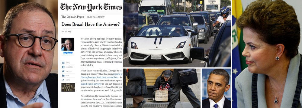 Qual é a economia que corre melhor, a dos EUA cujo PIB acelera mas cria poucos empregos ou a do Brasil que abre vagas de trabalho acima da média global e aumenta a classe média, apesar de números macroeconômicos piores?; resposta do jornalista Joe Nocera para a pergunta que ele mesmo levantou favorece modelo brasileiro; em férias no Rio de Janeiro, o colunista do jornal The New York Times notou poder aquisitivo e distribuição de renda; de volta, ouviu economistas brasileiros mas não se convenceu do pessimismo deles; "O exemplo do Brasil dá origem a uma pergunta que não fazemos suficientemente neste país", registrou; "Qual é o ponto do crescimento econômico, se ninguém tem um emprego?"; elogio à política econômica verde-amarela começa pela dúvida: "O Brasil tem a resposta?"; íntegra
