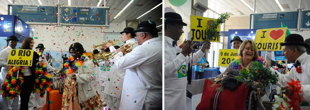 Recepção com tapete vermelho, chuva de papel picado, músicas brasileiras e muita festa foi organizada pela Confraria do Garoto, em parceria com a Empresa Municipal de Turismo (Riotur); expectativa do governo municipal é que cerca de 850 mil turistas visitem o Rio durante a Copa do Mundo