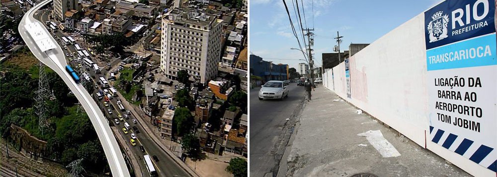 Iniciada em março de 2011 e sem data definida para ser concluída, a obra do BRT Transcarioca já teve um custo 46% superior ao orçamento inicial, ao passar de R$ 1,3 bilhão para R$ 1,9 bilhão; isto sem contar com as despesas referentes às desapropriações, nos quais foram pagos mais de R$ 200 milhões entre 2010 e 2013; a expectativa é de que o sistema beneficie cerca de 320 mil passageiros pode dia