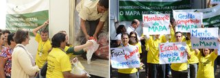 Profissionais distribuíram duas toneladas de frango em protesto contra a ocupação de cargos por indicação política na Secretaria de Defesa Agropecuária e o corte no orçamento dos recursos previstos para o Ministério da Agricultura; eles reivindicam a realização de concurso público e a criação de uma escola de formação de fiscais