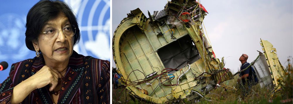 "Essa violação da lei internacional, dadas as circunstâncias, pode ser considerada crime de guerra", disse a alta comissária da ONU para os Direitos Humanos, Navi Pillay, acrescentando que "tudo será feito" para que os responsáveis pela tragédia, que matou 298 pessoas, sejam julgados, "sejam eles quem forem"; caixas-pretas do voo MH17 indicam explosão de míssil, diz Kiev