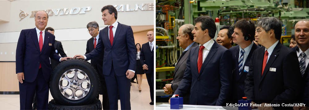 O governador Beto Richa participou com o presidente mundial da Sumitomo Rubber Industries, Ikuji Ikeda, da inauguração da fábrica da multinacional em Fazenda Rio Grande, na RM de Curitiba; a unidade é a primeira da companhia japonesa fora da Ásia; o investimento na planta foi de R$ 750 mi e serão criados 1.5 mil empregos até 2017