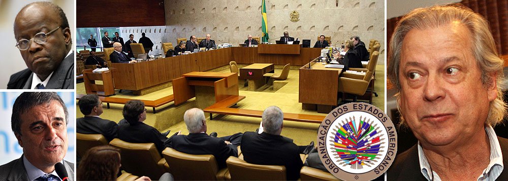 Advogados do ex-ministro José Dirceu pedem que o Estado brasileiro seja investigado por desrespeito aos direitos humanos no processo do chamado "mensalão"; "Não restou outra alternativa, a não ser bater às portas dessa comissão", afirmam os advogados José Luis Oliveira Lima e Rodrigo Dall'Acqua; condenado a regime semiaberto, ele vem sendo mantido em regime fechado pelo presidente do STF, Joaquim Barbosa; recurso representa constrangimento para o ministro José Eduardo Cardozo, da Justiça; Brasil voltou no tempo?