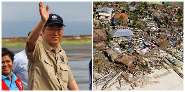 “Nunca percam a esperança, a ONU está ao vosso lado. O mundo está ao vosso lado”, declarou Ban Ki-moon, durante uma visita à cidade afetada pelo tufão Haiyan, Tacloban; desastre fez 6.102 mortos e 1.779 desaparecidos, deixando 4,4 milhões de pessoas sem abrigo