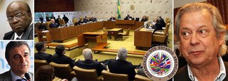 Advogados do ex-ministro José Dirceu pedem que o Estado brasileiro seja investigado por desrespeito aos direitos humanos no processo do chamado "mensalão"; "Não restou outra alternativa, a não ser bater às portas dessa comissão", afirmam os advogados José Luis Oliveira Lima e Rodrigo Dall'Acqua; condenado a regime semiaberto, ele vem sendo mantido em regime fechado pelo presidente do STF, Joaquim Barbosa; recurso representa constrangimento para o ministro José Eduardo Cardozo, da Justiça; Brasil voltou no tempo?