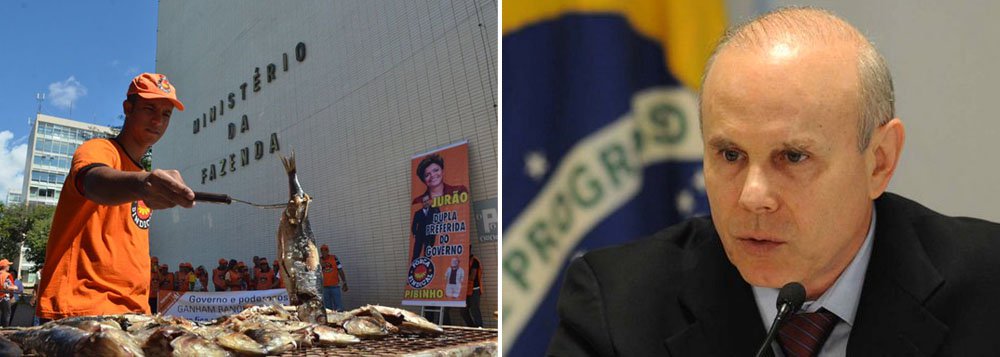 Churrasco de sardinha e abacaxi organizado pela Força Sindical acontece no mesmo momento de reunião no Ministério da Fazenda com empresários de grandes grupos que atuam no país, como Jorge Gerdau e Murilo Ferreira, da Vale; "Enquanto o governo está recebendo os maiores empresários do Brasil lá em cima para comer caviar, nós vamos comer nossa sardinha, aqui embaixo", disse Carlos Lacerda da Federação de Metalúrgicos
