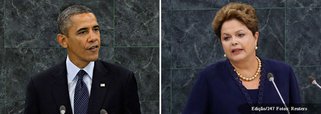 Sobre espionagem ao Brasil, México e outros países nenhuma palavra do presidente dos EUA à 68ª Assembleia Geral das Nações Unidas; Barack Obama não reconheceu que recuou em suas intenções de atacar a Síria e boicotar o Irã e preferiu um tom mais otimista sobre soluções diplomáticas; falando após a presidente Dilma Rousseff, que denunciou a bisbilhotagem eletrônica americana e pediu a criação de um foro multilateral para controlar a invasão de privacidade via internet, o presidente dos EUA se fez de cego, surdo e mudo