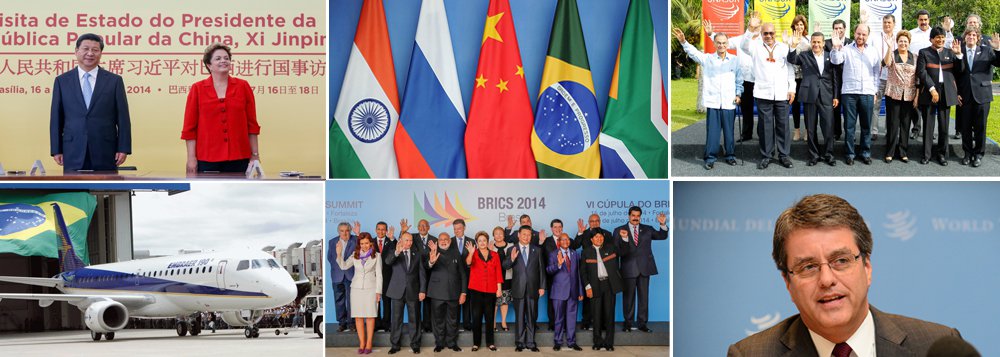 Com segurança e objetividade, sem provocações, Brasil avança em política externa alternativa; resultados econômicos aparecem; fortalecimento dos Brics, aproximação com Unasul e presença à frente da OMC contribuem para criação de polo independente da influência dos EUA; sem ser "contra ninguém", como disse a presidente Dilma Rousseff a respeito do banco internacional com capital de US$ 50 bilhões e fundo de reservas de US$ 100 bilhões, ação altiva contribui para equilíbrio global de forças; novo peso