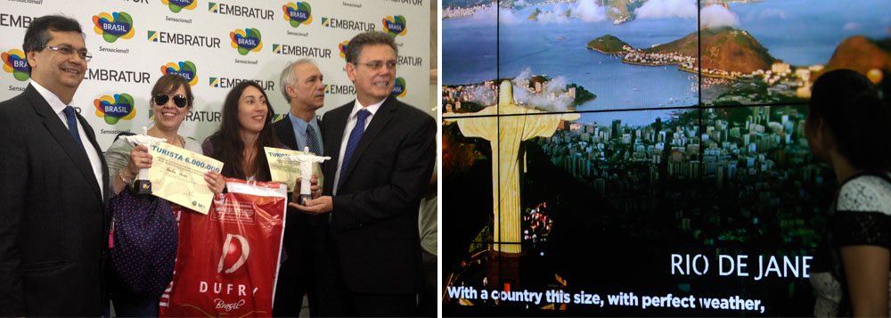 País atingiu nesta quinta-feira 5 a marca de 6 milhões de turistas estrangeiros que chegaram neste ano, segundo a Embratur; recorde foi comemorado no Aeroporto Internacional do Rio de Janeiro, o Galeão, com uma argentina; país vizinho responde por cerca de 30% das pessoas que desembarcam no Brasil