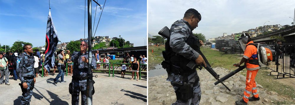 Comércio e escolas retomam atividades; "Ontem, estávamos com 168 homens, e hoje estamos com uma média de 150. A diferença é só por conta da logística, para a montagem das estruturas, mas o efetivo é o mesmo, com turnos de 24 horas que se revezam. O Choque está todo aqui", disse o coronel André Vidal, comandante do Batalhão de Choque
