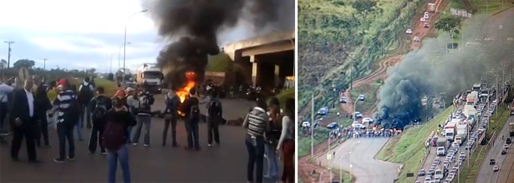 Depois de uma manhã de protestos contra a má qualidade do transporte público do Entorno do Distrito Federal, cerca de 300 manifestantes entraram em confronto com a PM na DF-290, próximo a Céu Azul em Valparaíso 2 – município goiano a cerca de 40 km da região central de Brasília; até o início da tarde, 11 pessoas foram presas, em Santa Maria, no DF