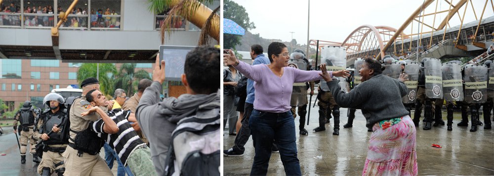 Moradores retirados do prédio da Oi na última sexta-feira, no Engenho Novo, estenderam hoje uma grande bandeira preta na Avenida Presidente Vargas e interditaram o trânsito em direção à Candelária, quando homens da Guarda Municipal munidos de cassetes e escudos intervieram e foram recebidos a pedradas e garrafas de água pelos manifestantes