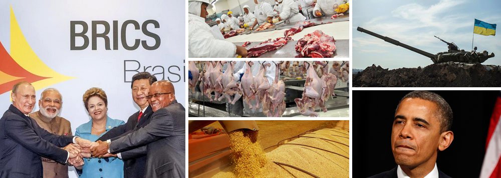 Boicotada no comércio internacional com os EUA e a Europa, Rússia de Vladmir Putin responde com proibição de importação de produtos dessas origens; Brasil sai diretamente beneficiado; "é uma revolução", define secretário de Política Agrícola; venda de carne, milho e soja, além de aves, frutas, vegetais e alimentos industrializados, pode triplicar; aliança costurada pela presidente Dilma Rousseff com líder russo, durante encontro dos Brics, conta com a sorte; cerco geopolítico dos ricos a Putin abre oportunidade histórica para avanço nas relações entre os gigantes Brasil e Rússia