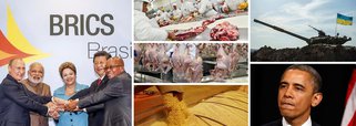 Boicotada no comércio internacional com os EUA e a Europa, Rússia de Vladmir Putin responde com proibição de importação de produtos dessas origens; Brasil sai diretamente beneficiado; "é uma revolução", define secretário de Política Agrícola; venda de carne, milho e soja, além de aves, frutas, vegetais e alimentos industrializados, pode triplicar; aliança costurada pela presidente Dilma Rousseff com líder russo, durante encontro dos Brics, conta com a sorte; cerco geopolítico dos ricos a Putin abre oportunidade histórica para avanço nas relações entre os gigantes Brasil e Rússia