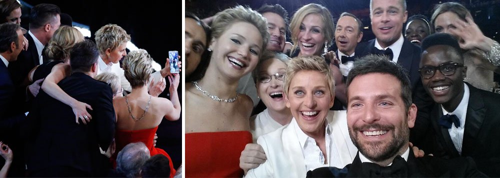 Autorretrato feito no domingo com a apresentadora da cerimônia do Oscar, que incluiu estrelas como Meryl Streep, Jennifer Lawrence e Bradley Cooper, rapidamente tornou-se a imagem mais compartilhada da história da rede social