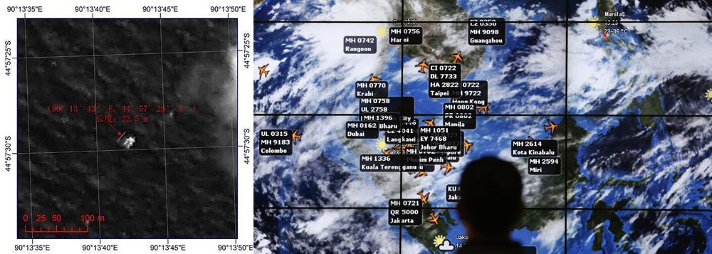 Tripulantes do avião IL-76 encontraram objetos relativamente grandes durante as buscas pelo avião da Malaysia Airlines ao sul do Oceano Índico e reportaram as suas coordenadas de localização para autoridades australianas; vice-primeiro-ministro australiano, Warren Truss, disse que as novas imagens de satélite francês indicam possíveis destroços a cerca de 850 quilômetros ao norte da atual área de busca, ou seja, 2.500 quilômetros ao sudoeste da cidade de Perth
