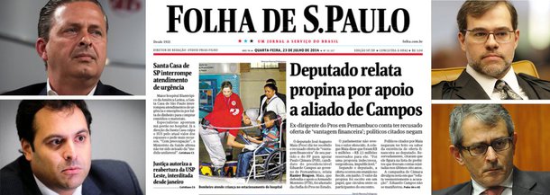 Jornal de Otávio Frias Filho pode estar prestes a publicar um direito de resposta inédito e histórico; Folha foi condenada a conceder o mesmo espaço ao candidato Paulo Câmara, escolhido por Eduardo Campos para disputar o governo de Pernambuco; Folha pediu uma liminar ao Tribunal Superior Eleitoral, mas recurso foi negado pelo ministro Dias Toffoli, que o devolveu ao relator Gilmar Mendes; na denúncia, a coligação de Paulo Câmara foi acusada de comprar apoio do Pros por R$ 6 milhões; candidato socialista quer ter o mesmo espaço, ou seja, a manchete do jornal, para se defender de um tiro que pode ser fatal para suas pretensões eleitorais; disparo da Folha sairá pela culatra?