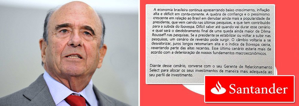 O presidente mundial do Santander, Emilio Botín, tentou minimizar a responsabilidade da instituição em torno do vazamento de um extrato destinado aos clientes de alta renda, onde o banco aponta que a economia brasileira corre sérios riscos caso a presidente Dilma Rousseff (PT) seja reeleita; segundo Botín, a responsabilidade pelo informe "não é do banco, mas de um analista"; ele também disse foram tomadas providências internas para avaliar o caso e que os envolvidos serão demitidos