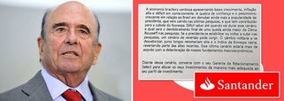 O presidente mundial do Santander, Emilio Botín, tentou minimizar a responsabilidade da instituição em torno do vazamento de um extrato destinado aos clientes de alta renda, onde o banco aponta que a economia brasileira corre sérios riscos caso a presidente Dilma Rousseff (PT) seja reeleita; segundo Botín, a responsabilidade pelo informe "não é do banco, mas de um analista"; ele também disse foram tomadas providências internas para avaliar o caso e que os envolvidos serão demitidos