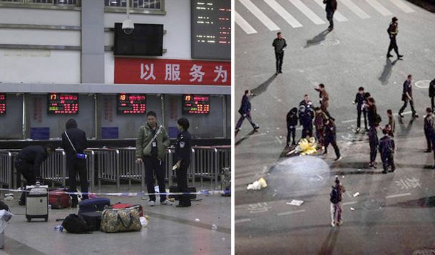 A ação foi executada por um grupo de pessoas não identificadas portando facas, afirmou a mídia estatal no domingo (horário local); outras 162 pessoas ficaram feridas, afirmou a agência Xinhua, acrescentando que o ataque ocorreu na noite de sábado; a televisão estatal afirmou em seu microblog oficial que o incidente foi considerado um "ataque terrorista violento"