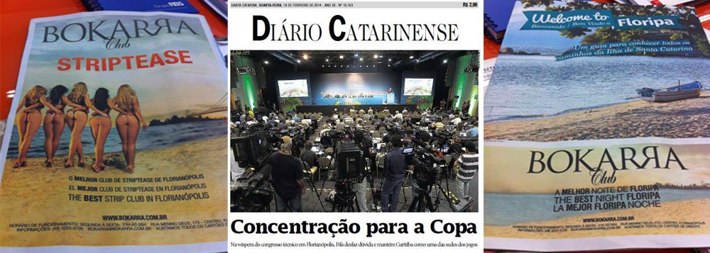 No caderno “Welcome to Floripa”, jornal Diário Catarinense traz na capa e contracapa publicidade de clube de strip-tease; guia cultural sobre como estrangeiros podem aproveitar Florianópolis é acompanhado de imagem de mulheres de biquíni fio dental