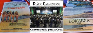 No caderno “Welcome to Floripa”, jornal Diário Catarinense traz na capa e contracapa publicidade de clube de strip-tease; guia cultural sobre como estrangeiros podem aproveitar Florianópolis é acompanhado de imagem de mulheres de biquíni fio dental